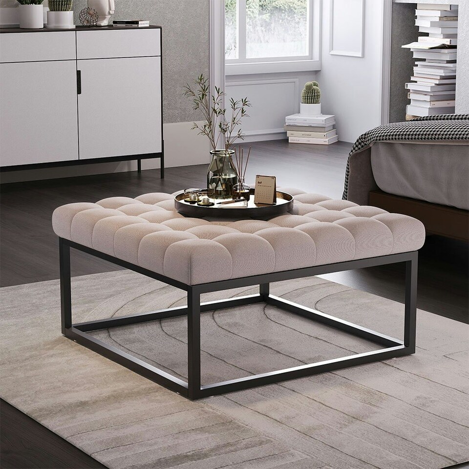 image 1 of Living and Home Square Linen Footstool with Metal Frame - Beige