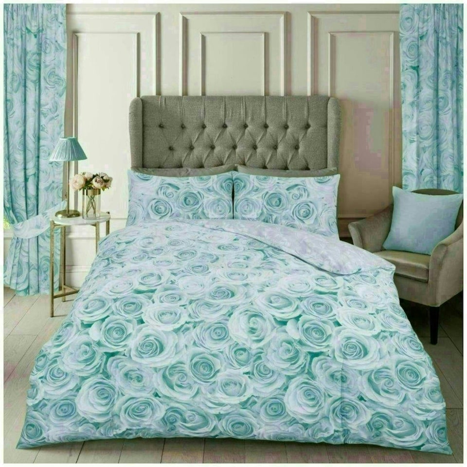 image 1 of VELVETIO Bellerose Floral Printed Duvet Cover Set Rebersible Polycotton Beddings Green | Duck Egg | Double