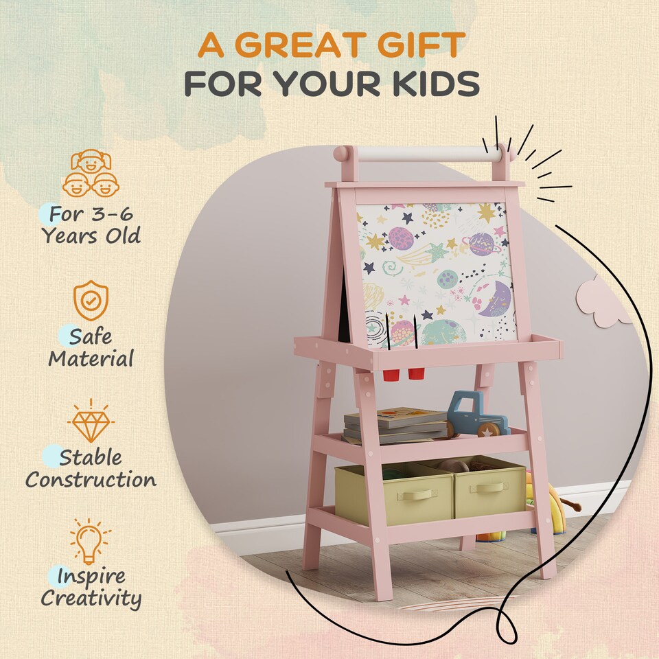 image 1 of AIYAPLAY Double-Sided Art Easel for Kids w/ Paper Roll, Storage Baskets Pink