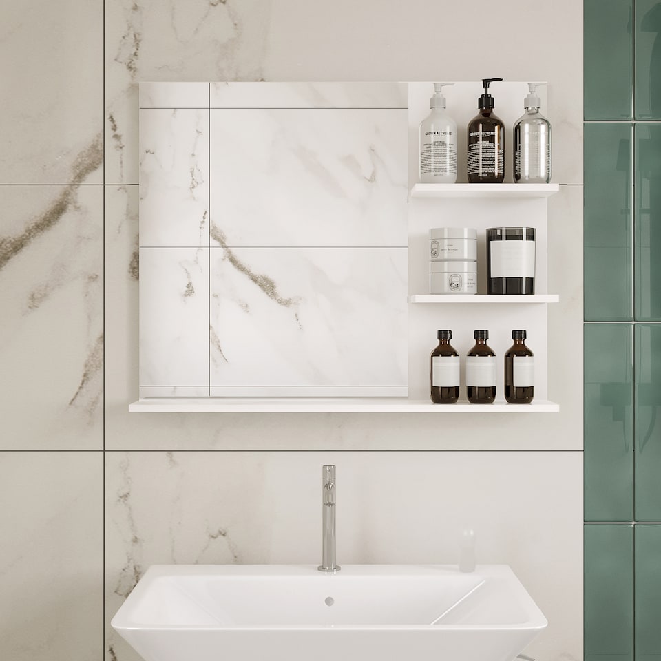 image 1 of kleankin Bathroom Mirror, Wall Mount Vanity Mirror, Modern Make Up Mirror with 3 Storage Shelves, White