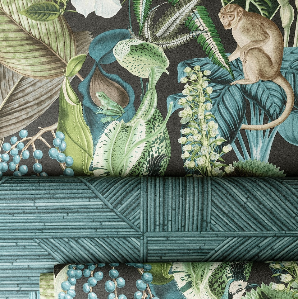 image 1 of Grandeco Botanical Wildlife Jungle Textured Wallpaper, Green Blue Teal | Blue | Blue & Green | 5.32