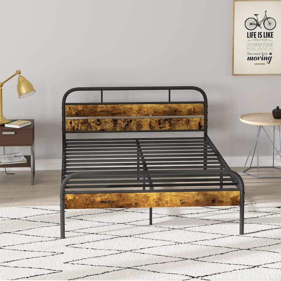 image 1 of HOMCOM 4ft6 Double Bed Frame with Headboard, Platform Bed Frame with Underbed Storage, Slat Support, No Box Spring Needed, Easy Assembly, Rustic Brown