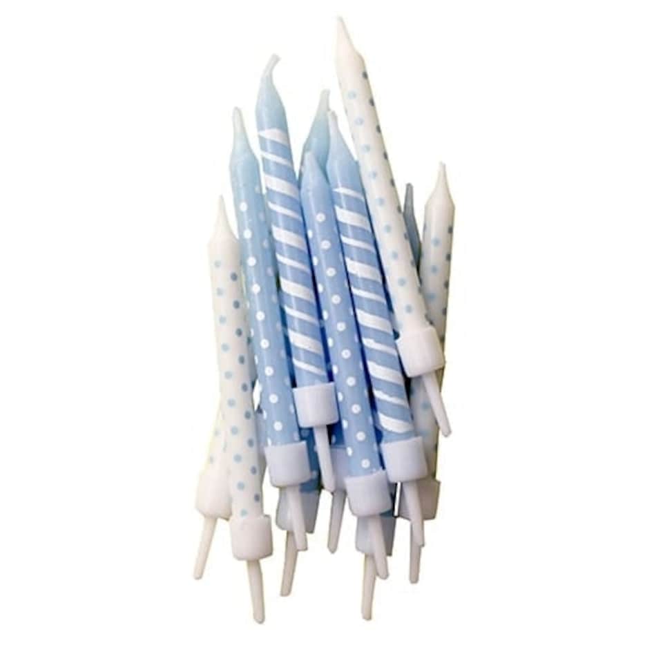 Baby Blue Polka Dots And Stripes Party Candles With Holders - Pack of 12