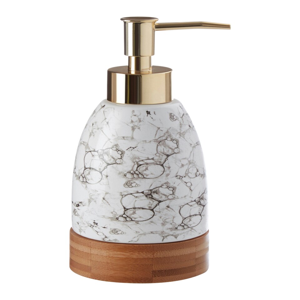 image 1 of Interiors by Premier 3 Pc Bubble Print Bathroom Set, Crisp White Restroom Accessories Set, Bamboo Base Countertop Holder Set
