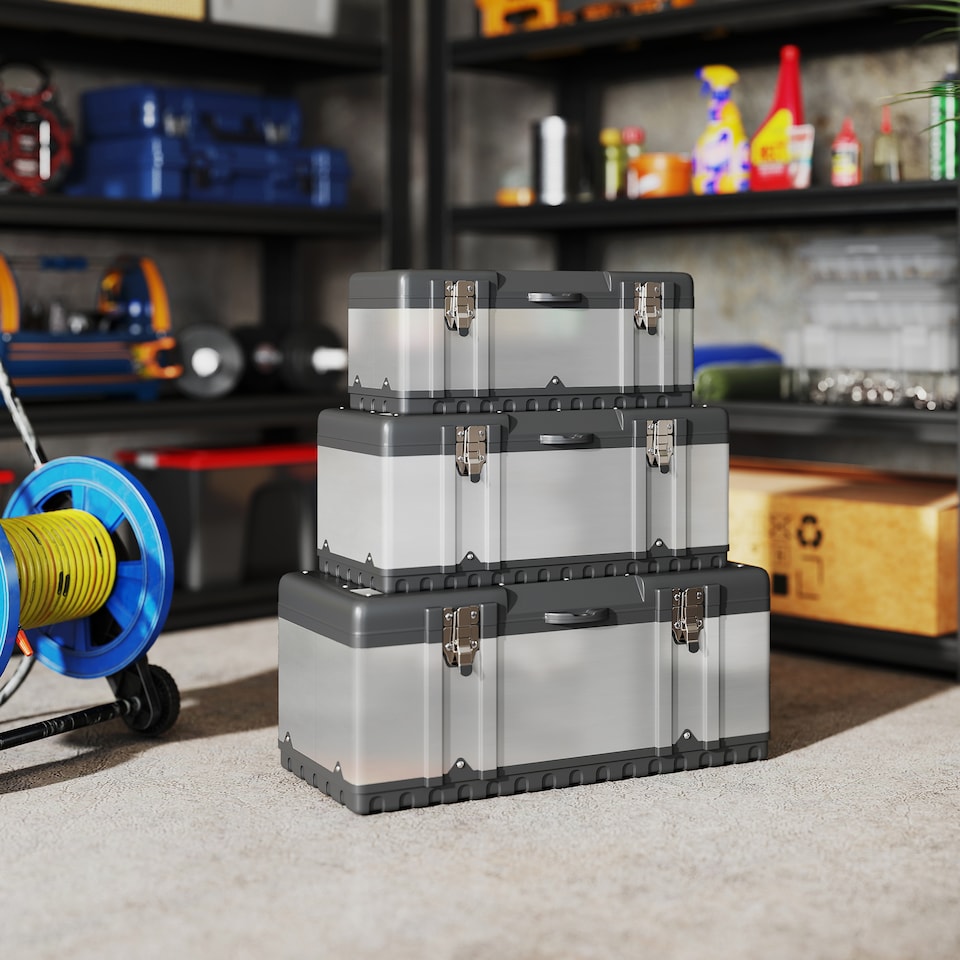 image 1 of HOMCOM 3 Pieces Tool BoSet, 23 19 16 Powder Coated Stainless Steel Toolbowith Removable Tray, Handles, Latches, Heavy Duty Tool Case Storage for Workshop, Garage | Silver