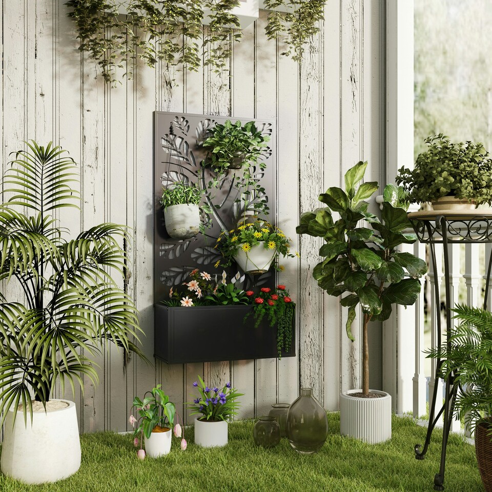image 1 of Outsunny Metal Raised Garden Bed with Trellis, Elevated Planter Box Black