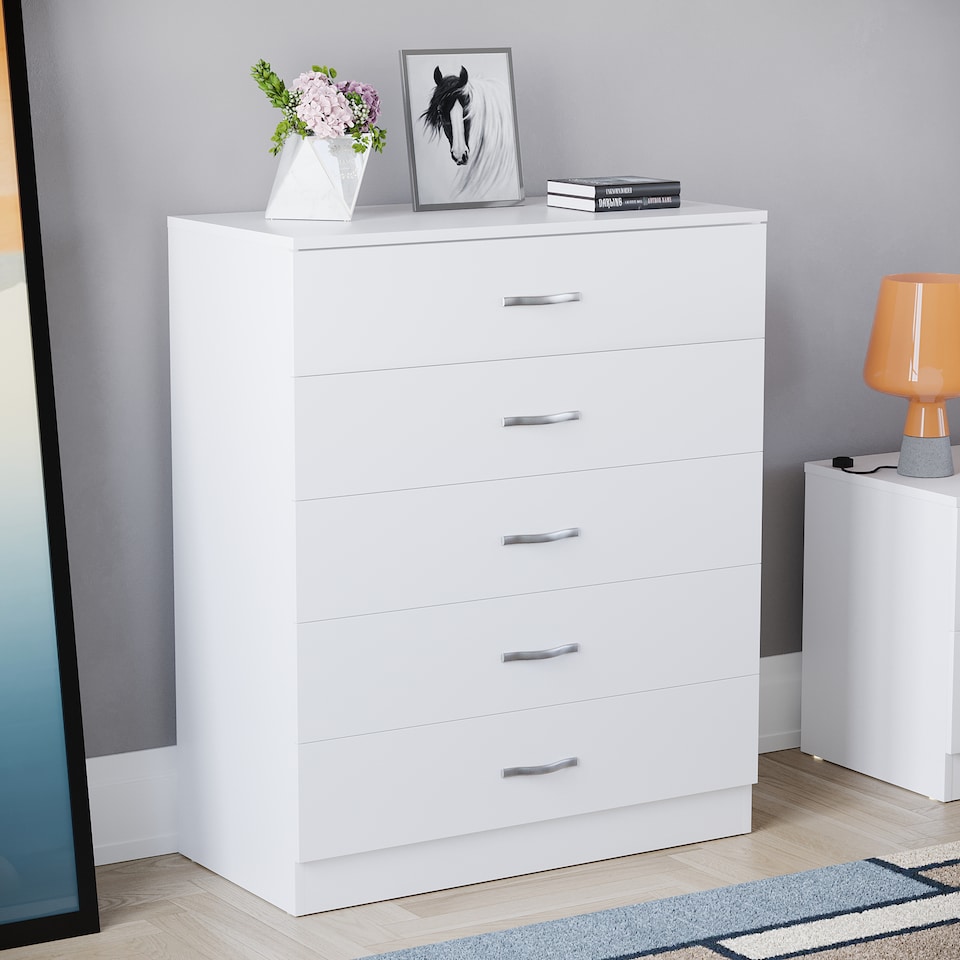 image 1 of Vida Designs Riano 4 Piece Bedroom Set (3 Drawer Bedside Chest, 5 Drawer Chest, 2 Door Wardrobe) White (5)