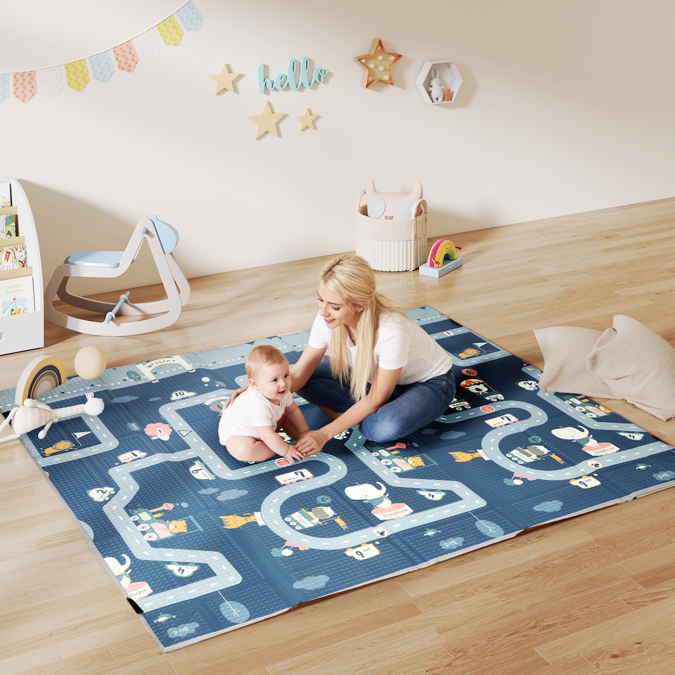image 1 of AIYAPLAY Foldable Baby Play Mat Double-Sided, Baby Playpen Floor Mats for Toddlers, Waterproof Large Foam Playmat for Playroom and Nursery, 202 x 180.5cm, Traffic and Grey Diamond Theme