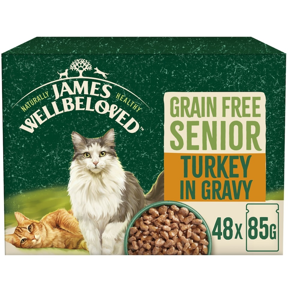 image 1 of James Wellbeloved Grain Free Senior Wet Cat Food Pouches Turkey in Gravy 48 x 85g