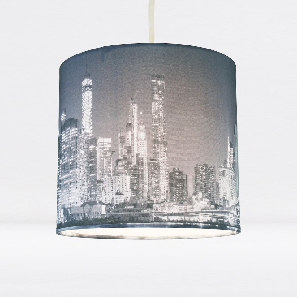 image 1 of 20cm Lamp Shade Ceiling Light Digital Printed Fabric New York Skyline At Night | Blue | Medium | 1