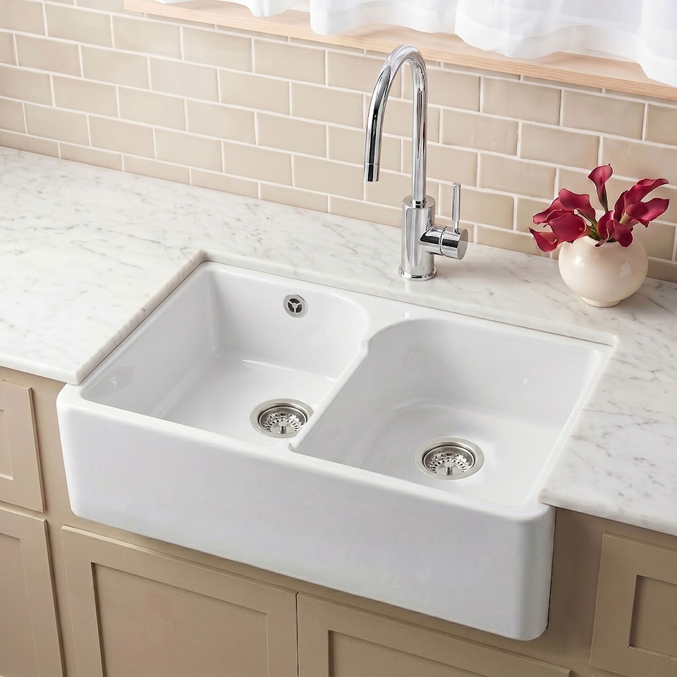 image 1 of Balterley Fireclay Double Bowl Stepped Weir Butler Kitchen Sink - with Overflow | White | White | 1