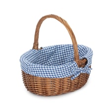 Double Steamed Oval Wicker Shopping Basket Blue Checked Lining | Black | Black
