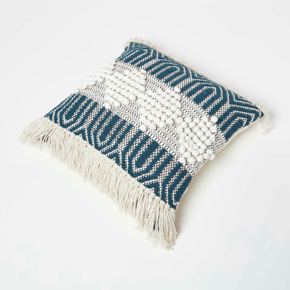 image 1 of Homescapes Safi Handwoven Fringed Navy & Cream Kilim Cushion - 45 x 45 cm Blue