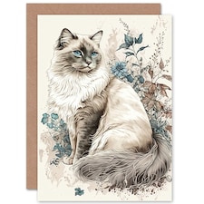 Cat Lover Ragdoll in Garden Flowers Floral Animal Greeting Card