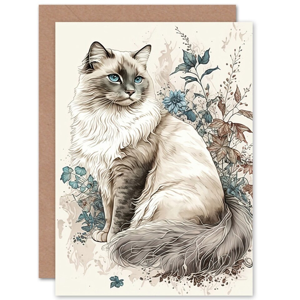 image 1 of Cat Lover Ragdoll in Garden Flowers Floral Animal Greeting Card