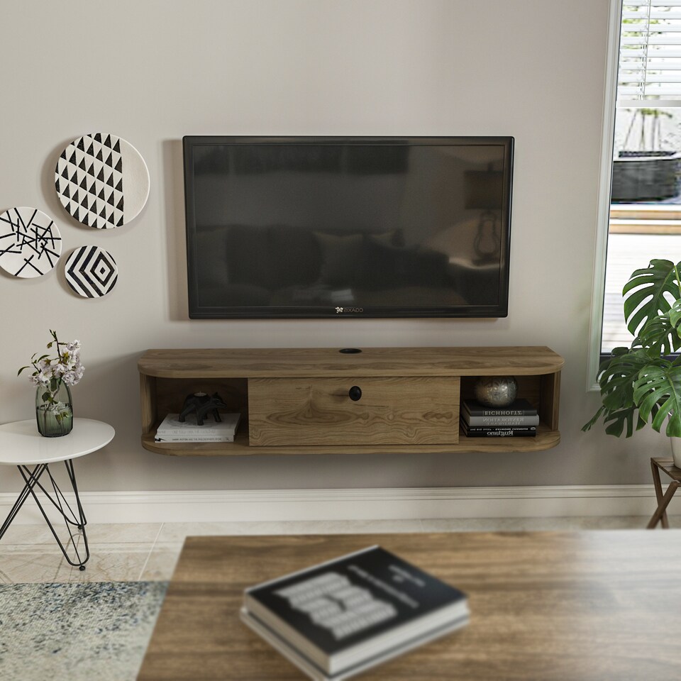 image 1 of Decorotika Ibarra Floating  TV Unit for TV's up to 55 inches Dropdown Cabinet and Open Shelves