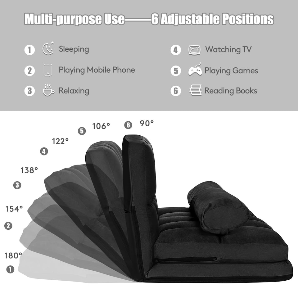 image 1 of COSTWAY Adjustable 6-Position Foldable Lazy Sofa Bed Black Black