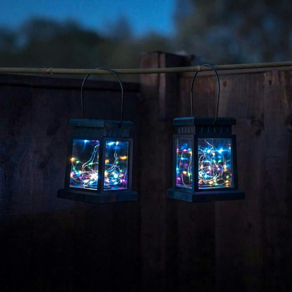 image 1 of ValueLights Solar Lantern Pair of Matte Black Lantern with Clear Rectangular Shade and Integrated LED 1W Multicolour Bulb