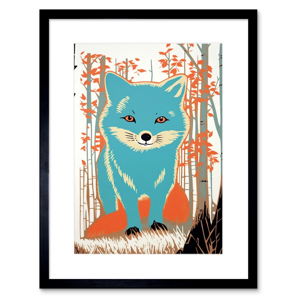 image 1 of Cute Blue Fox Forest Glade Bright Woodland Baby Animal 9x7" Black Framed Wall Art Print