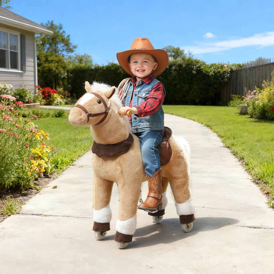 image 1 of AIYAPLAY Plush Rocking Horse with Rolling Wheels for 3-5 Years, Brown