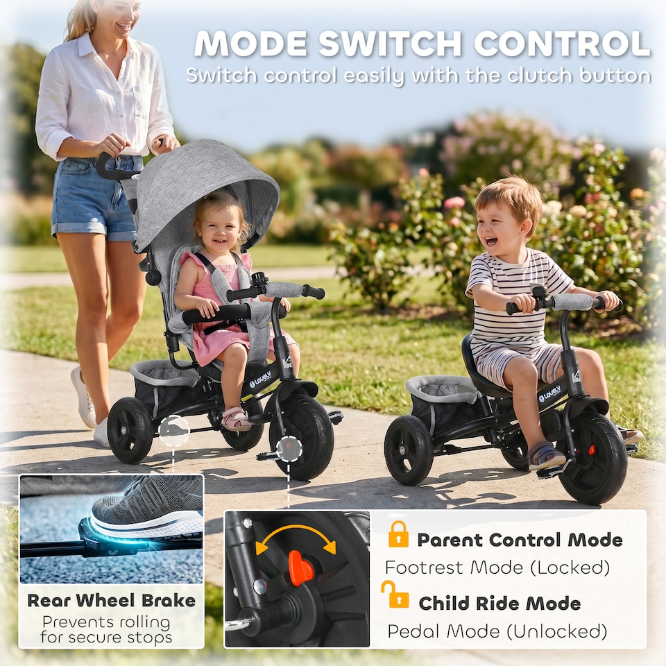 image 1 of HOMCOM 6 in 1 Kids Pedal Trike, Stroller with Parent Handle, Storage, Grey