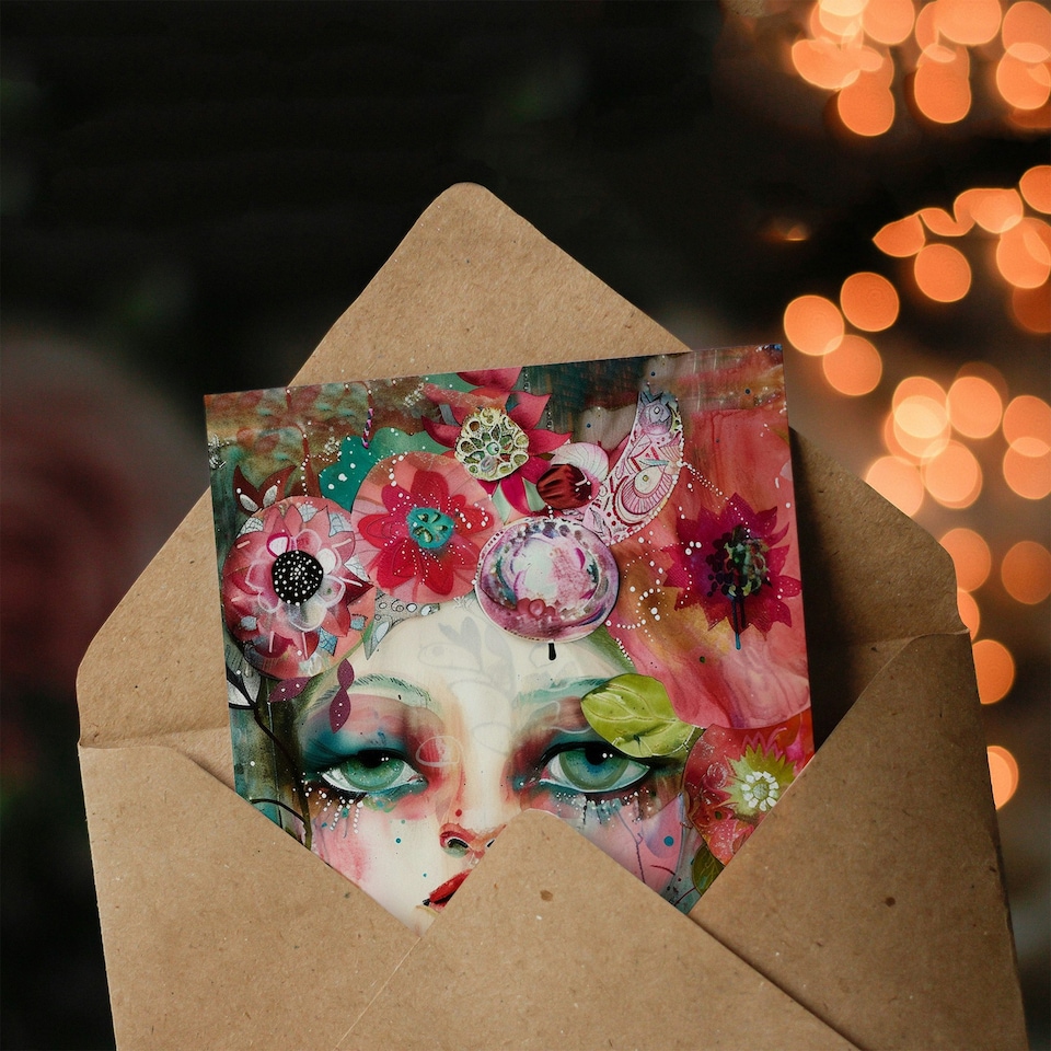 image 1 of Colourful Weird Doll Face Trippy Girl Floral Her Birthday Card