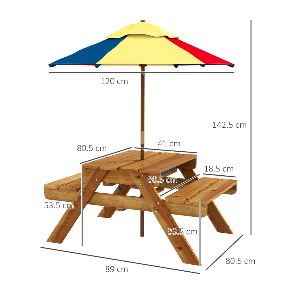 image 1 of Outsunny Kids Picnic Table Set w/ Sand and Water, Removable Parasol - Brown