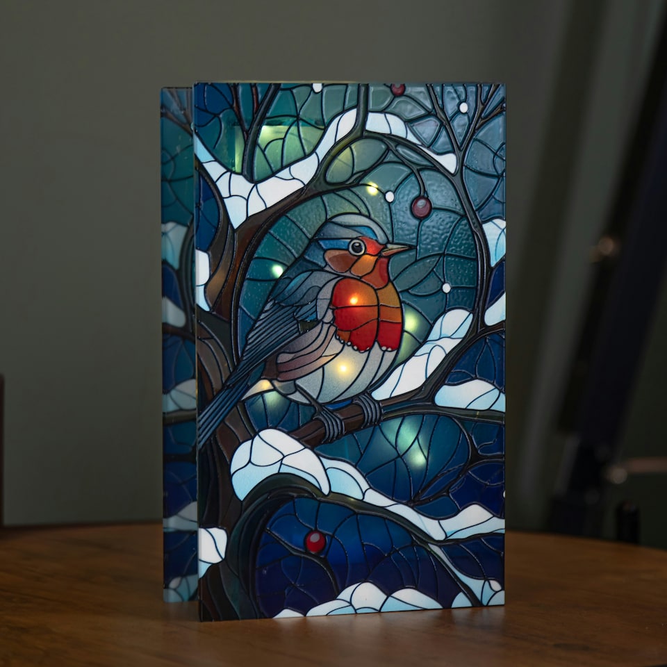 image 1 of 21cm Battery Operated Light up Stained Glass Christmas Decoration with Robin Scene & Warm White LEDs