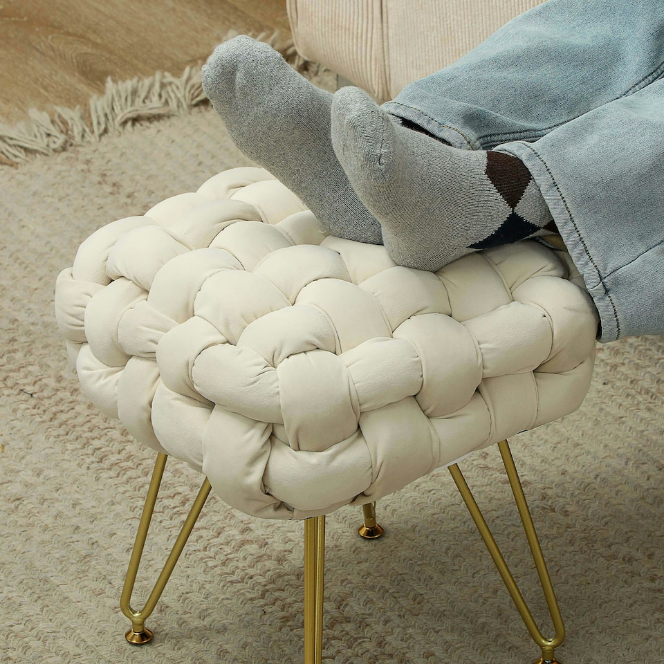 image 1 of HOMCOM Woven Velvet Foot Stool with Steel Legs for Living Room, Cream White Cream