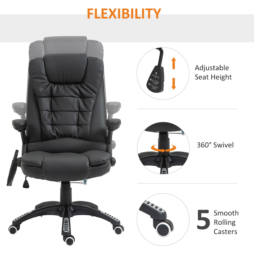 image 1 of HOMCOM 6-Point Massage Office Chair with Seat Heated for Home Office, PU Leather High Back Executive Desk Chair with Adjustable Height and 360 Swivel for Work Study, Black