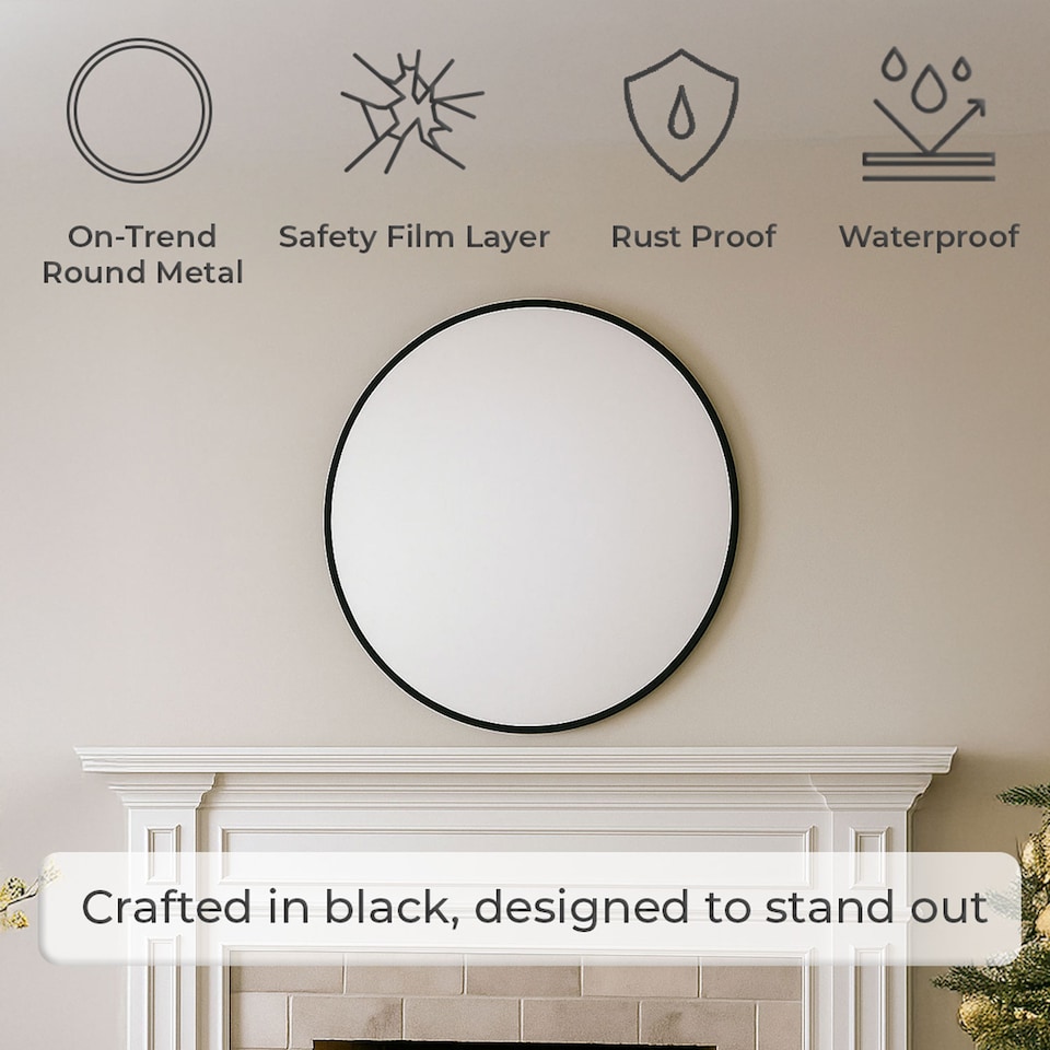 image 1 of Neo 60cm Black Round Metal Frame Wall Mirror Float Glass HD Reflection Anti Rust Moisture Proof Wall Mounted Bathroom Bedroom Hallway Living Room Vanity | Black | Black