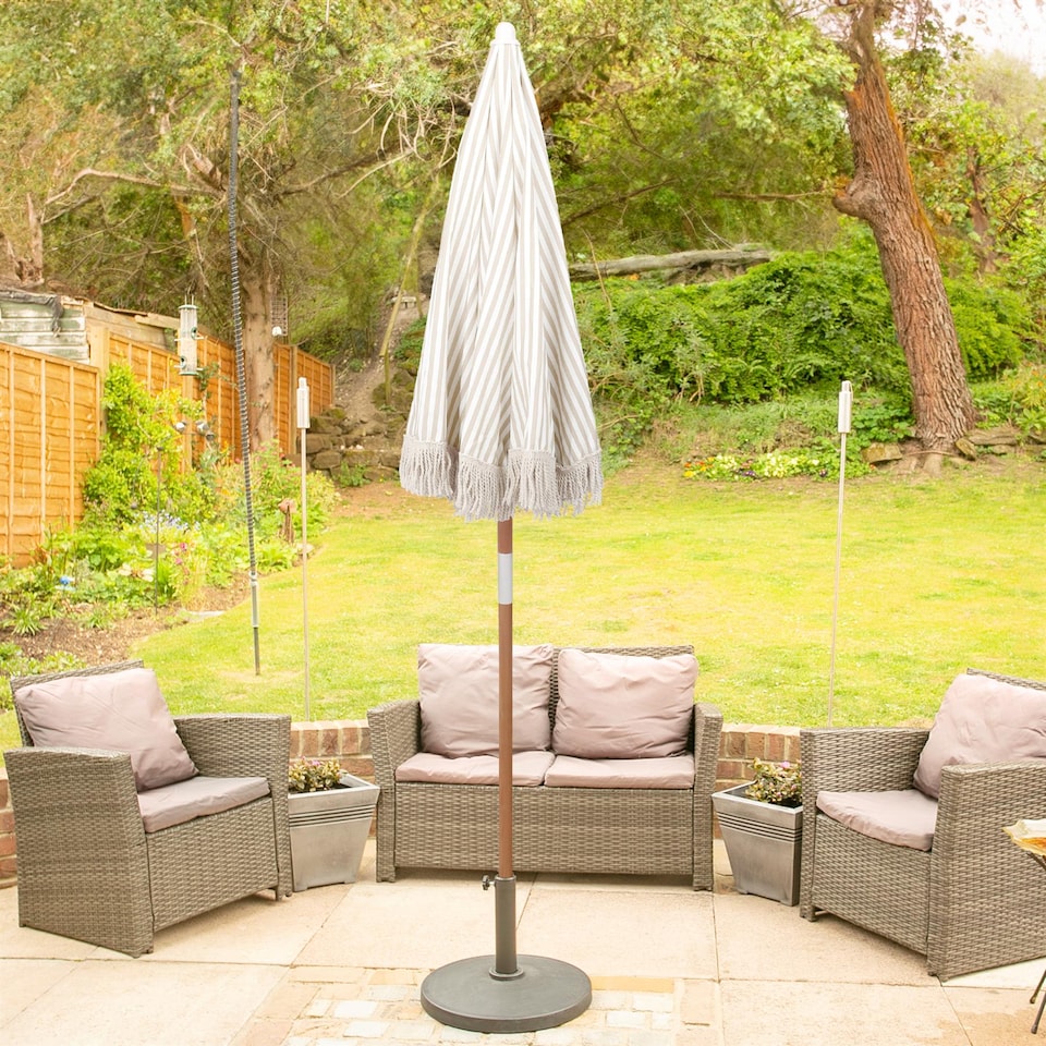 image 1 of Harbour Housewares Wooden Garden Parasol with Tassel Fringe - 1.4M - Beige Stripe | Cream | Beige Stripe