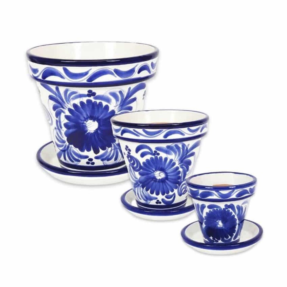 image 1 of Verano Spanish Ceramics Set of 3 Plant Pots & Drainage Plates - 16-29cm Blue Floral