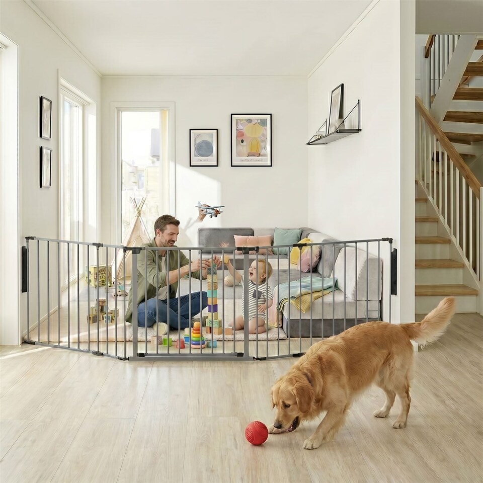 image 1 of Safetots Premium Multi Panel Room Divider, up to 226cm Wide, Grey, 70cm Tall, Flexible Barrier with Door for Baby and Toddler | Grey