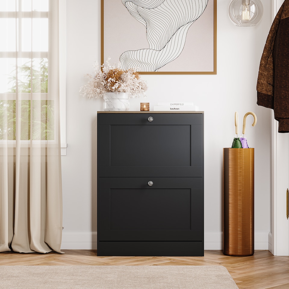 image 1 of Vida Designs 2 Drawer Shoe Organise Hallway Storage Cabinet, Black & Oak
