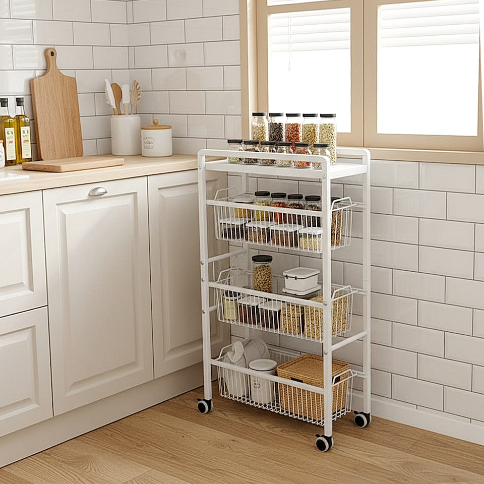image 1 of Living and Home 4-Tier Kitchen Storage Trolley with Pull-Out Baskets, White | White | 4 Tier