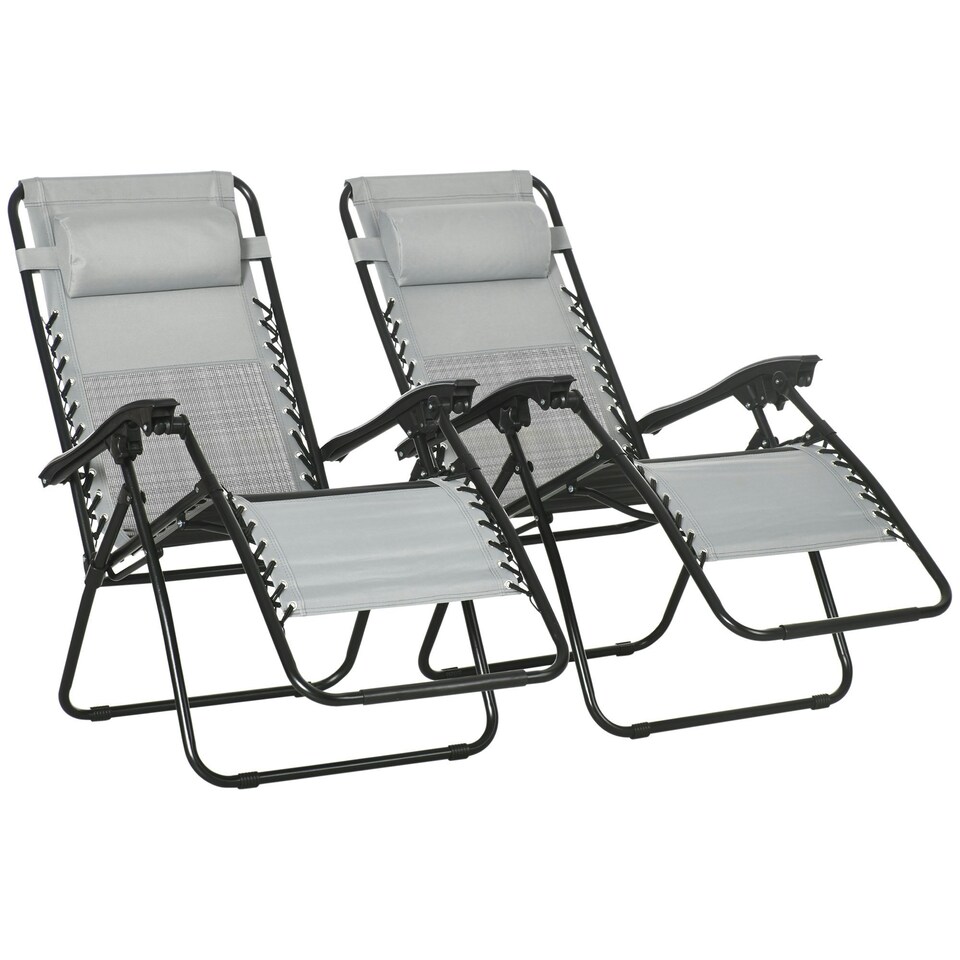 image 1 of Outsunny Foldable Garden Recliner Chair Set of 2 w/ Footstool & Headrest, Grey