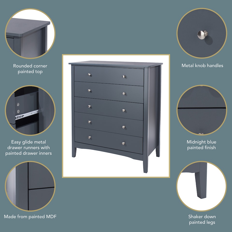 image 1 of Como 5 Drawer Chest of Drawers - Shaker Style Bedroom Storage Cabinet with Space Saving Design | Blue | Blue | 1