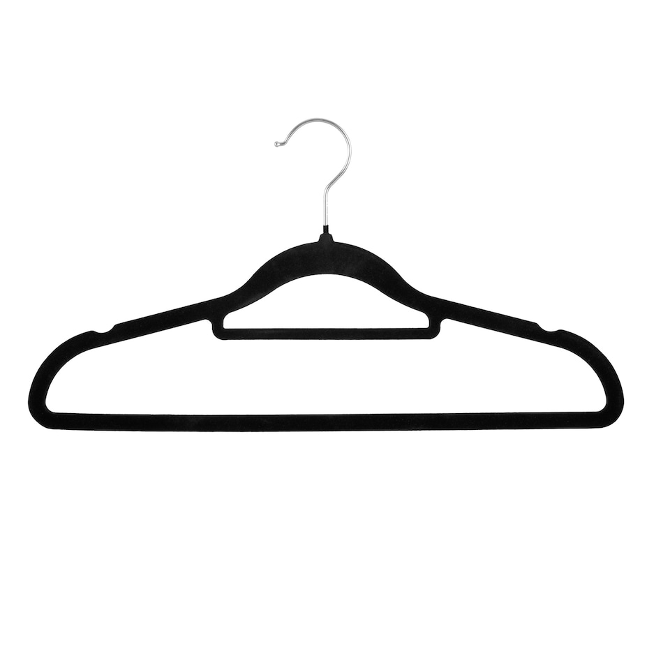 image 1 of Gr8 Home Pack of 20 Black Non Slip Flocked Velvet Coat Hangers Space Saving Trouser Bar