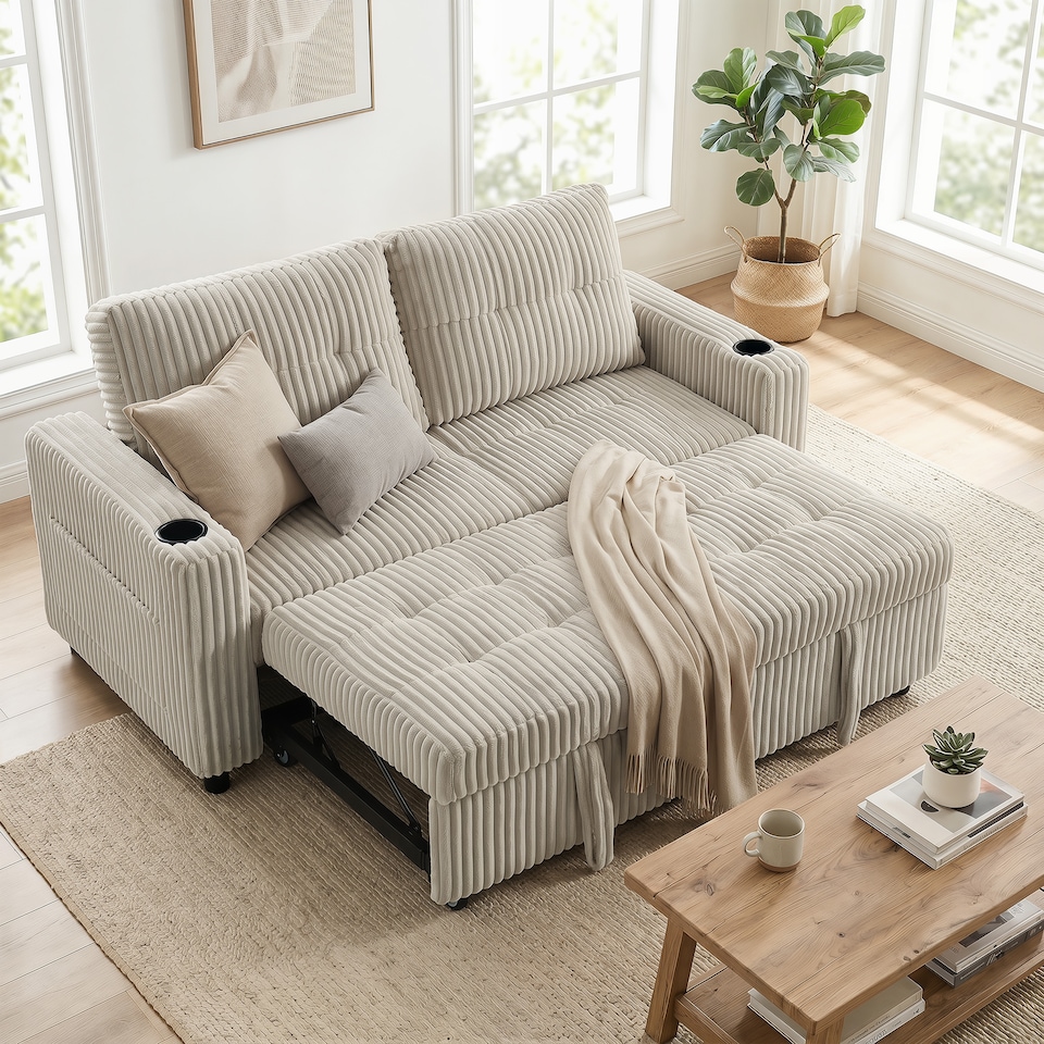 image 1 of HOMCOM Corduroy Click Clack Sleeper Sofa with Pull Out Design, Cream White