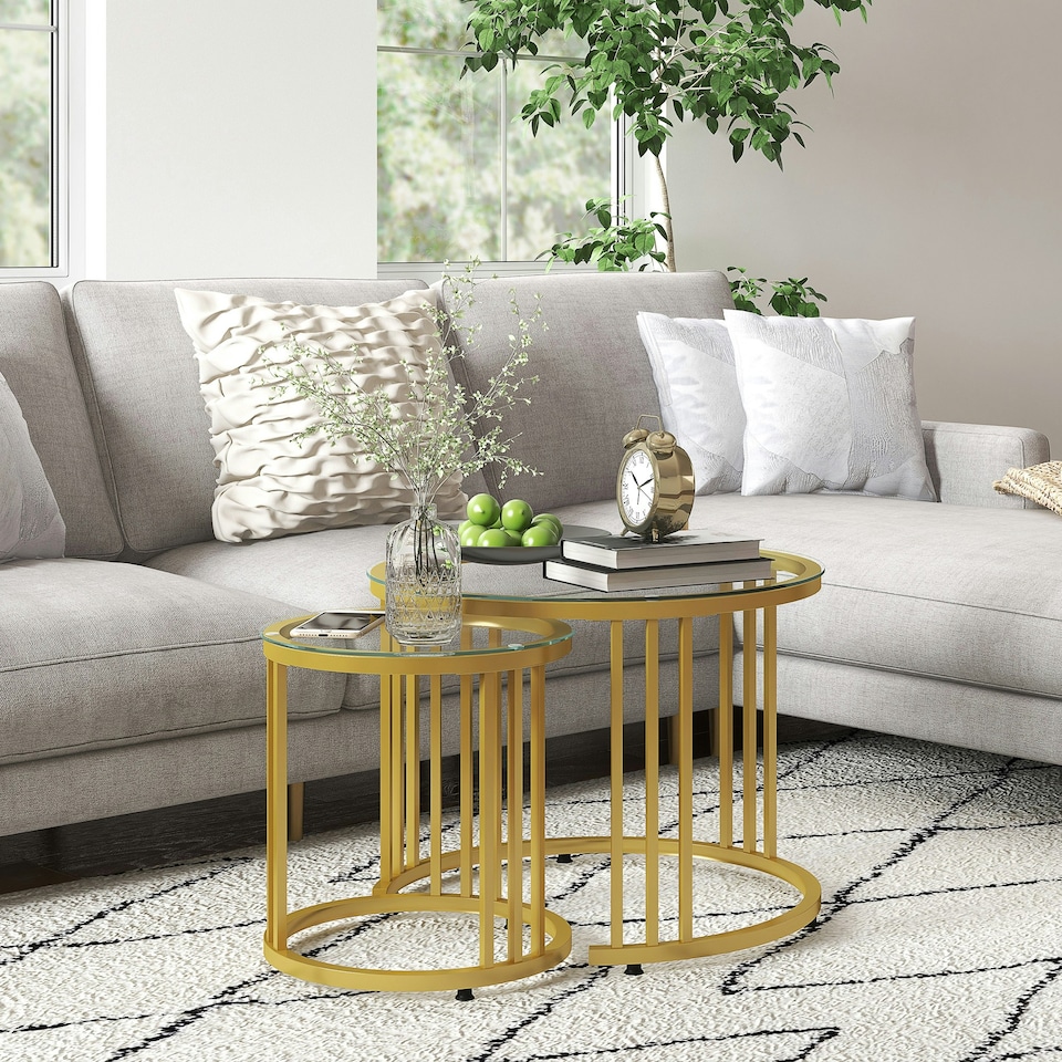 image 1 of HOMCOM 2 Pieces Round Nesting Coffee Tables with Tempered Glass Top, Gold Tone | Gold | 60x60x47