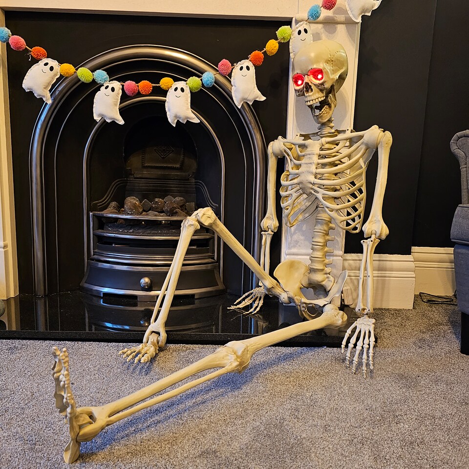 image 1 of 5ft (150cm) Posable Full Body Halloween LED Skeleton Decoration with Movable Joints and LED Eyes
