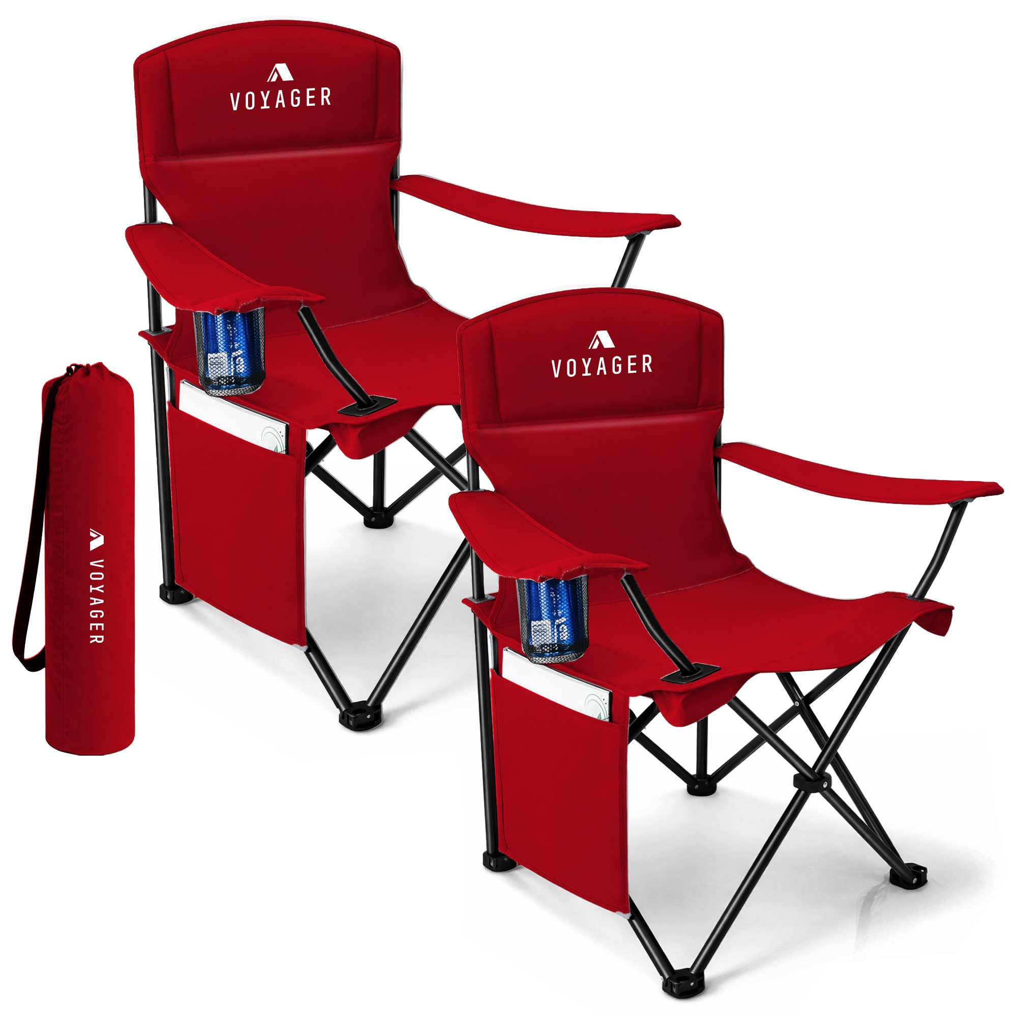 Voyager Folding Camping Chair 2-Pack, Lightweight with Pocket & Drinks Holder in Red