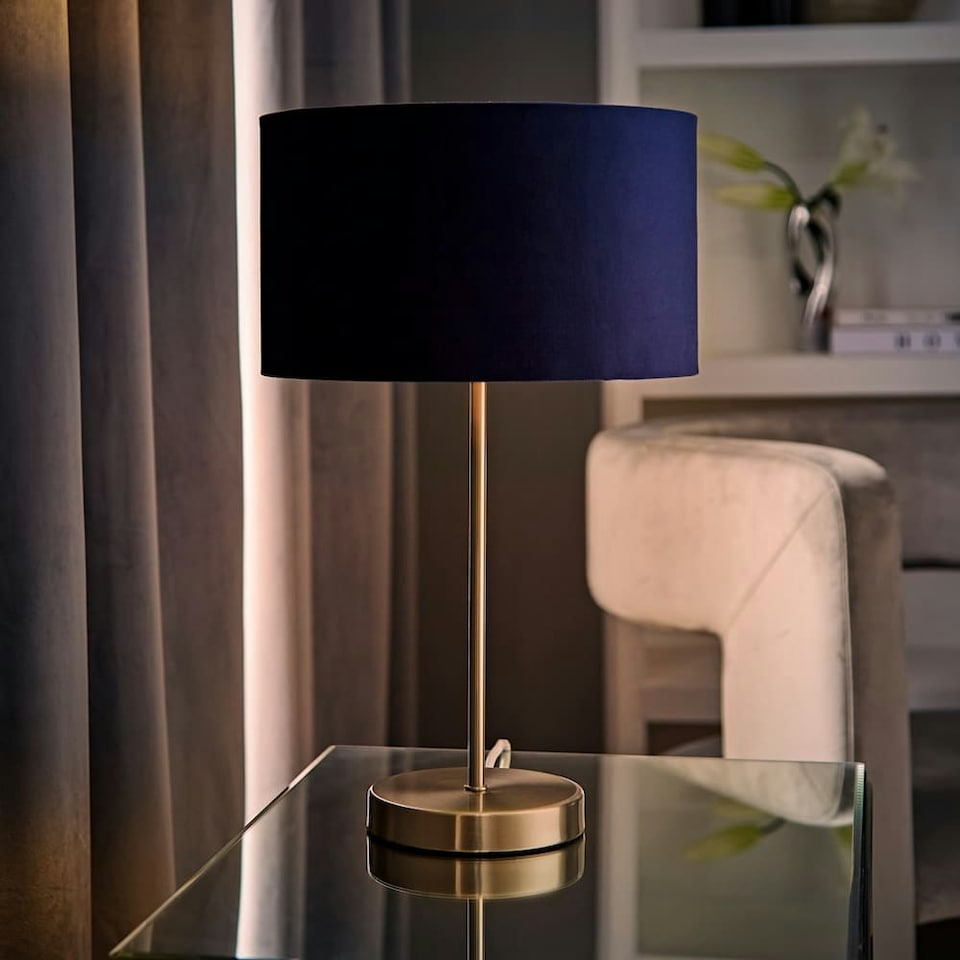 image 1 of ValueLights Charlie Brushed Chrome Table Lamp Navy Shade & Bulb Blue