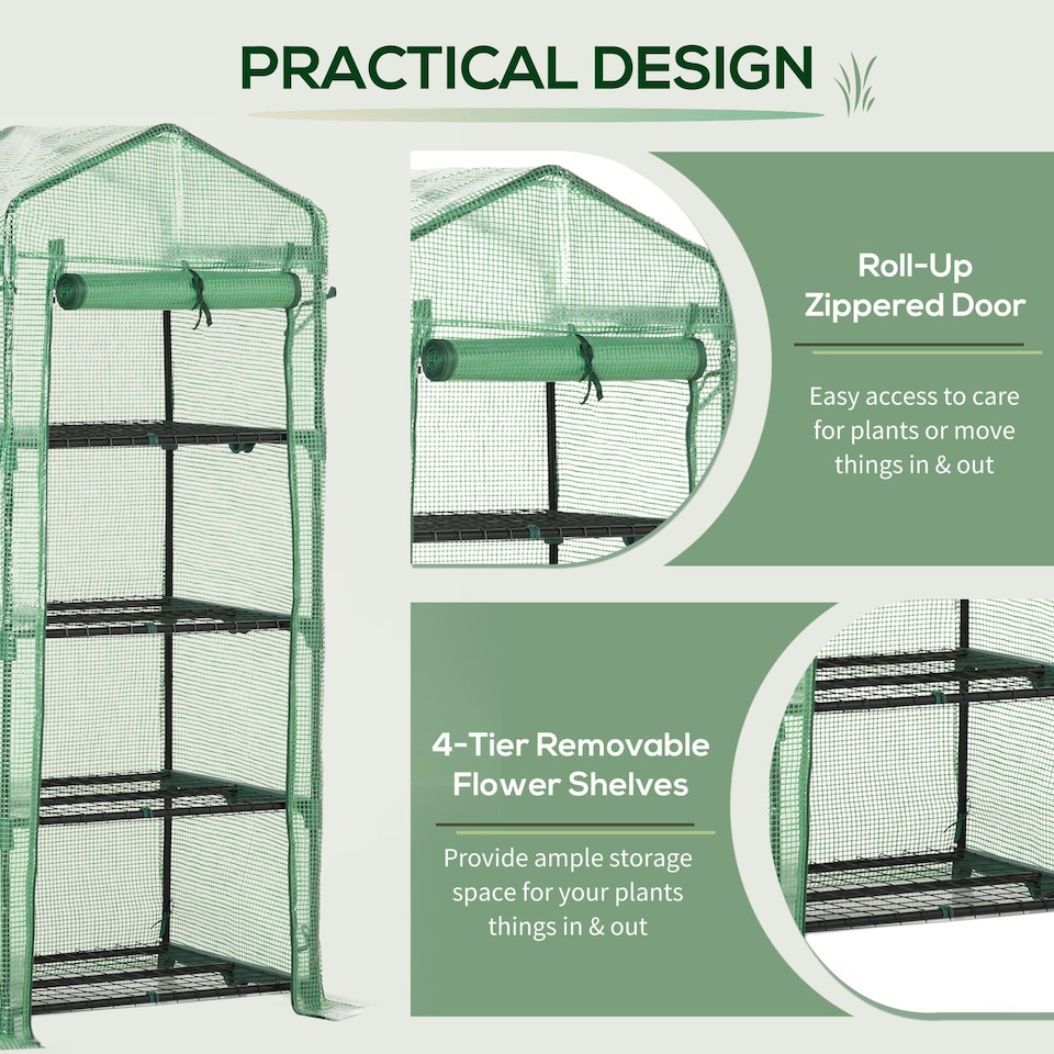 image 1 of Outsunny Mini Greenhouse 4-Tier Portable Plant House Shed w/ PE Cover, Green
