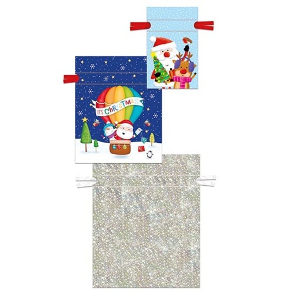 Assorted Santa & Friends Drawstring Sack Plastic Gift Bags - Pack of 3