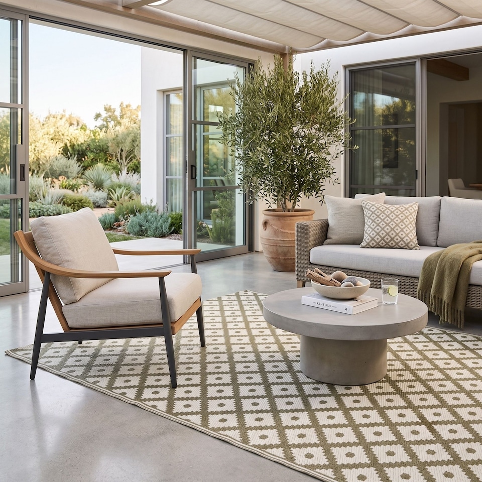 image 1 of Homescapes Outdoor Rug Luxury Waterproof Reversible Recycled, For Garden, May Geometric | Green | Olive Green