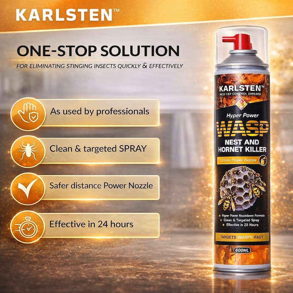 image 1 of Karlsten Hyper Power Wasp Nest & Hornet Killer Spray - 600ml High Strength Long Range 5 Metre Spray for Indoor and Outdoor