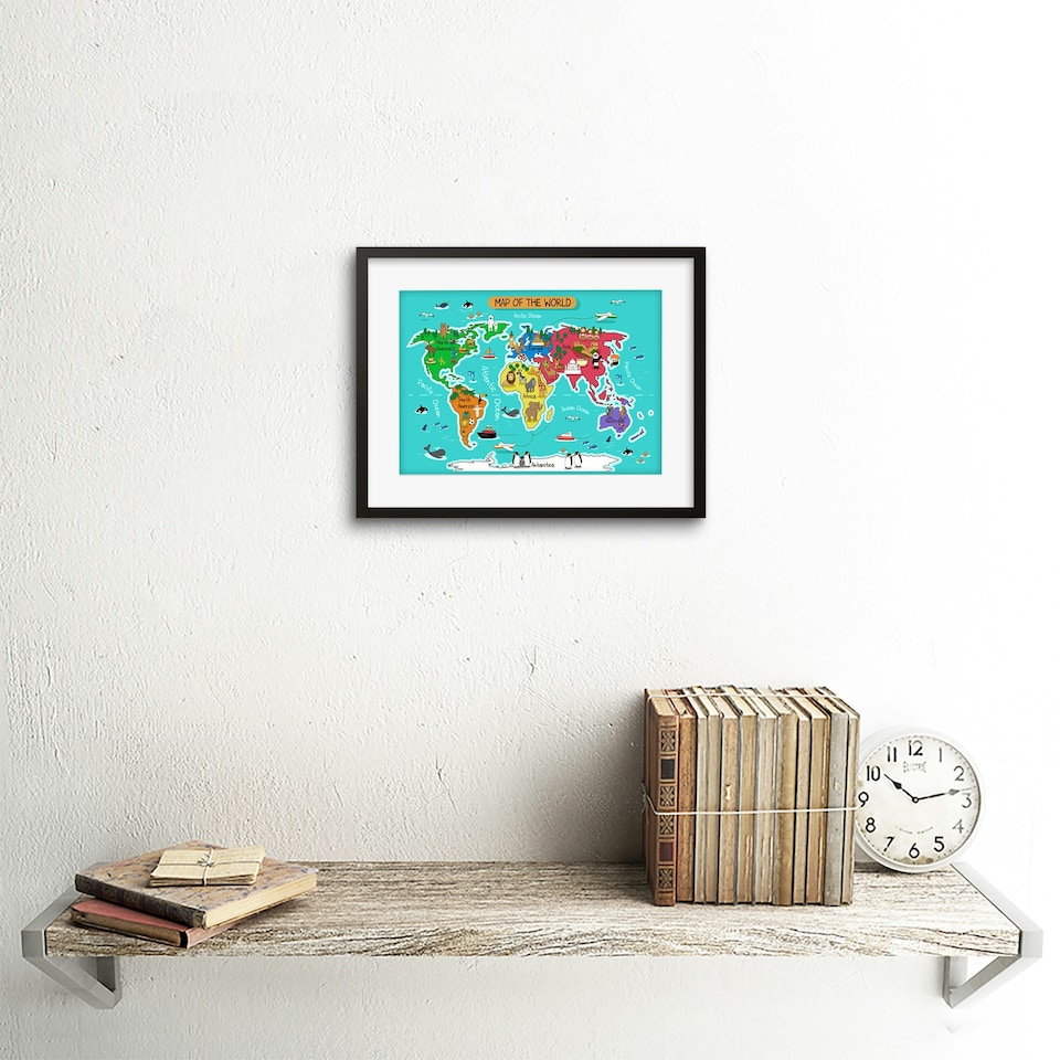 image 1 of World Map Animals Kids Bedroom 9x7" Black Framed Wall Art Print