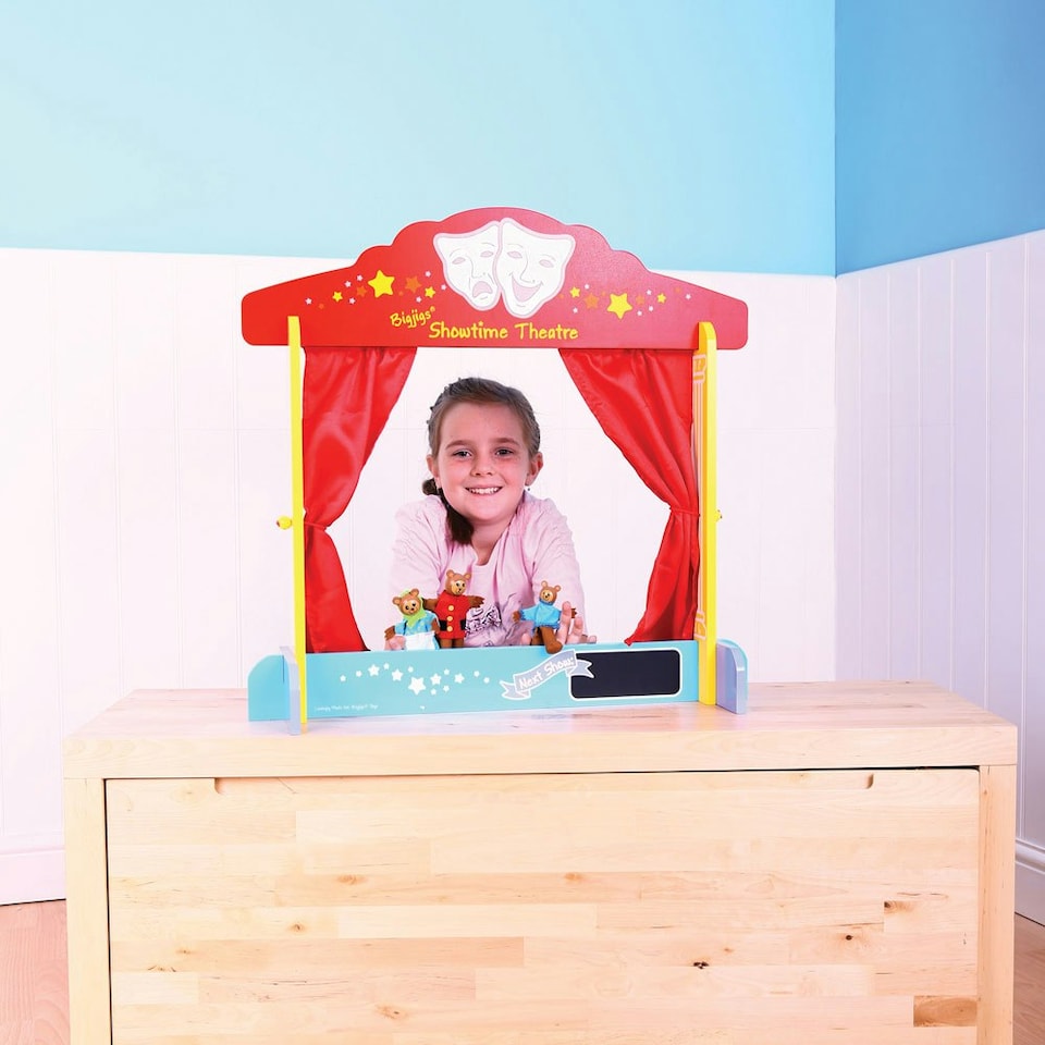 image 1 of Bigjigs Toys Wooden Table Top Theatre, With Red Silk-Effect Curtains & Chalkboard